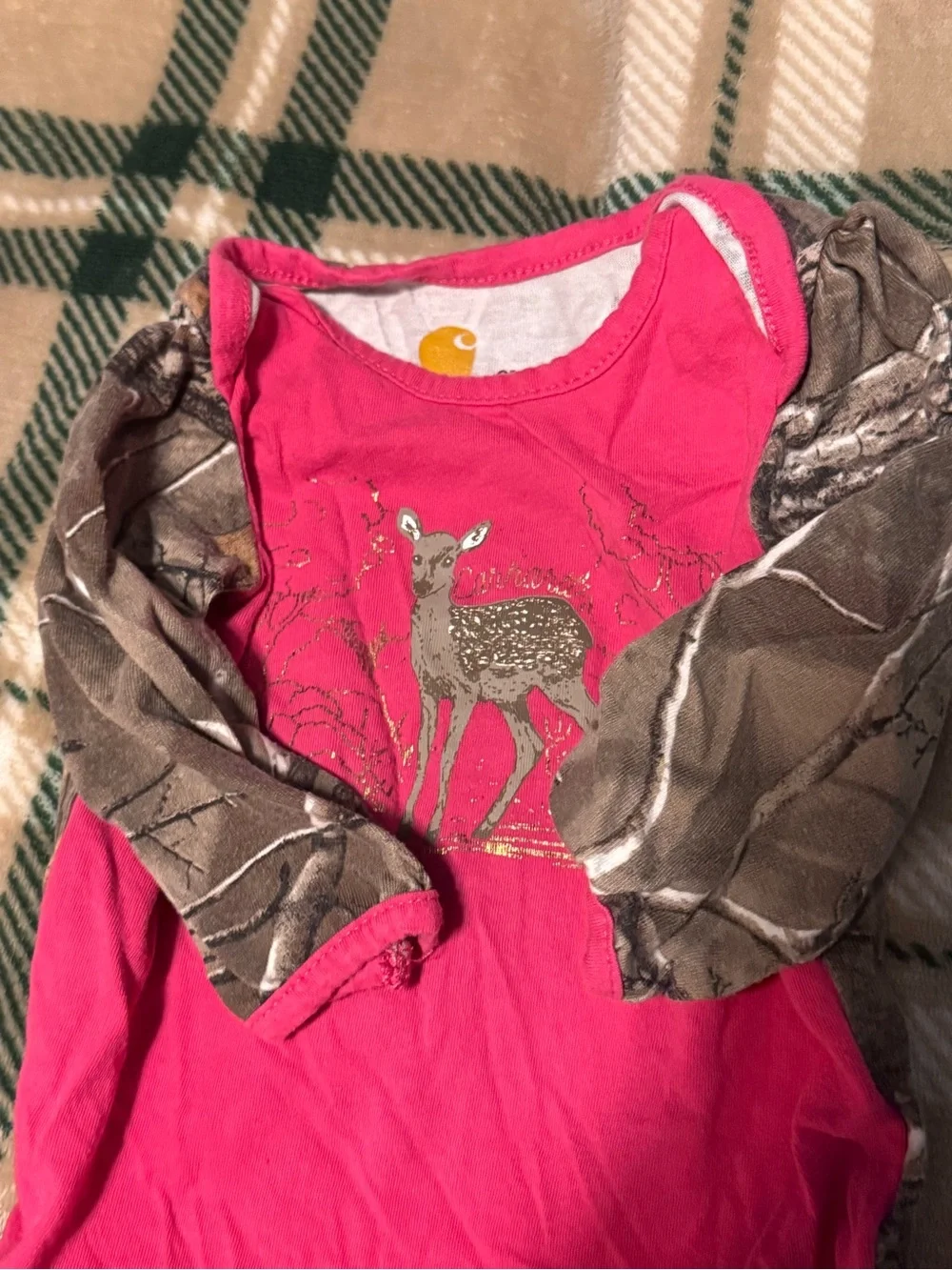 Carhartt Pink Long-Sleeve Baby Bodysuit with Deer Graphic